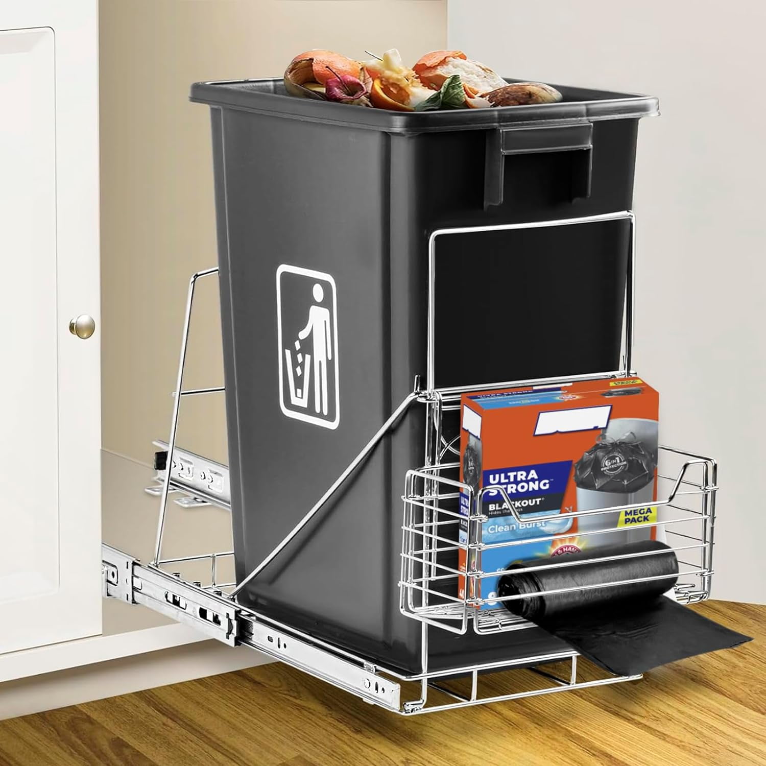 Hailivike Pull-Out Under Sink Trash Can Holder - Adjustable Slide With Front Storage Basket