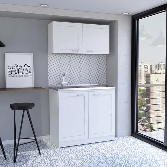 Cabinet - White, Two Shelf Design 8" H X 39.3" W 20.4" D & 19.2" 12.6" D, Particle Board Creation In Built Display Cabinet, Upper Part Lower 41.2'' Countertop Site For Display, 44.3''