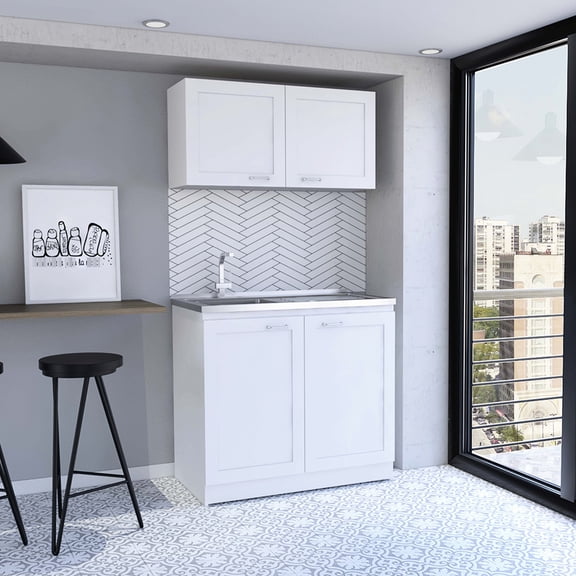 Cabinet - White, Two Shelves Constructed Cabinet, Particle Board, 8" H X 39.3" W 20.4" D & 19.2" 12.6" D, 30.8" Total Height Storage Capacity, 76.9 Lb White , Pattern, Overall Degree,