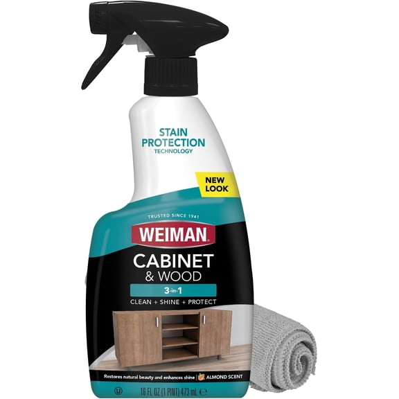 Cabinet & Wood Clean & Shine Spray - Furniture, Kitchen Cabinets, Baseboard & Trim, Fresh Almond Scent, Microfiber Cloth Included