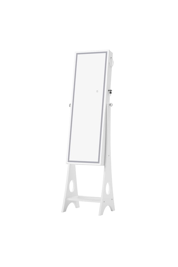 Cabinet Wooden with Mirror LED Lights Lockable Adjustable Jewelry Organizer Cupboard for Bedroom, White