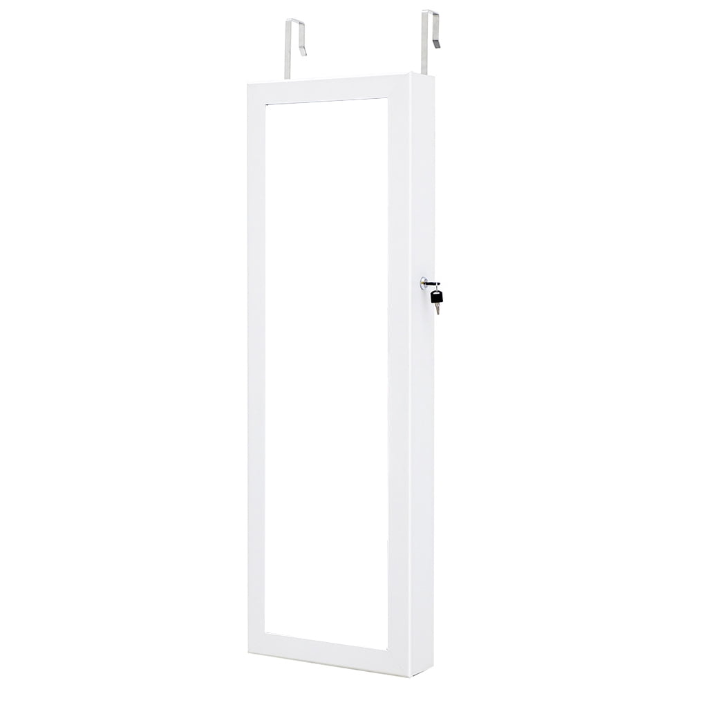 Cabinet Wooden with Mirror LED Lights Wall  Door Hung Lockable Jewelry  Organizer Cupboard for Home, White