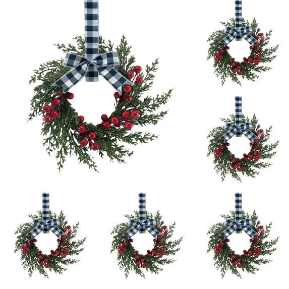 Cabinet Wreaths 6 Pack, Mini Christmas Wreaths with Black White Plaid Bows, Green Berry Decor for Doors and Windows