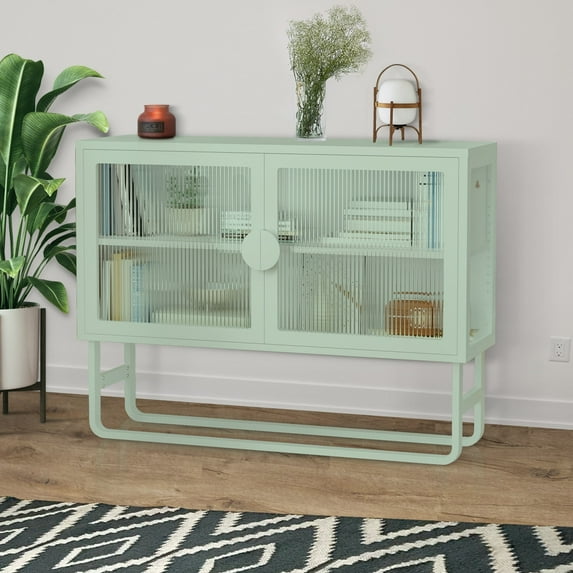 Cabinet with 2 Fluted Glass Doors and Adjustable Shelf Light Green
