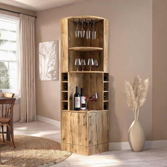 Cabinet with Double Doors in Old Pine Finish, 71.1-Inch Tall Bar Storage with 8 Cubbies and Wine Glass Rack