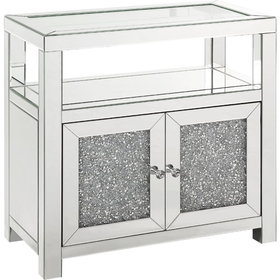 Cabinet with Mirrored Inserts and 2 Door Storage, Silver