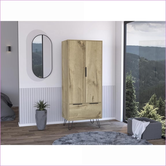 Cabinets, Modern Double Door Cabinet with Drawer, Light Oak Hairpin Legs | Beige | Engineered Wood