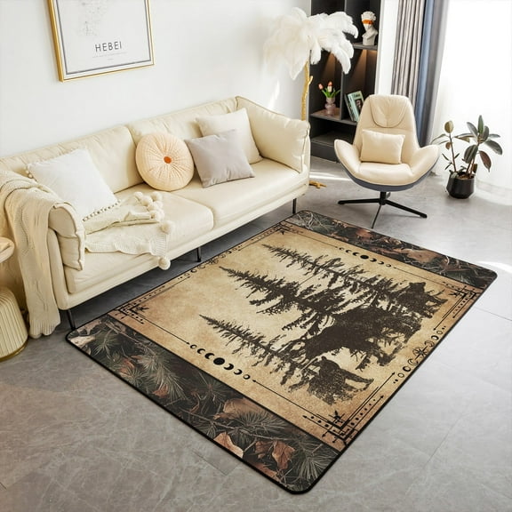 Cabing Bear Carpet,Farmhouse Hunting Animal Area Rug 5x7 for Bedroom Living Room Playroom,Graffiti Bear Trees Decorative Rug Non Shedding,Rustic Camouflage Indoor Floor Mat Non Slip