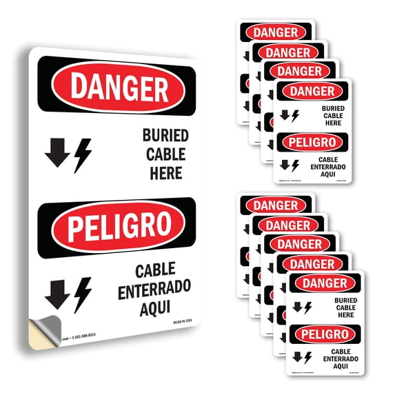 Cable Buried Here Bilingual OSHA Danger Vinyl Decal Label 14 Inch x 10 Inch - 10 Pack