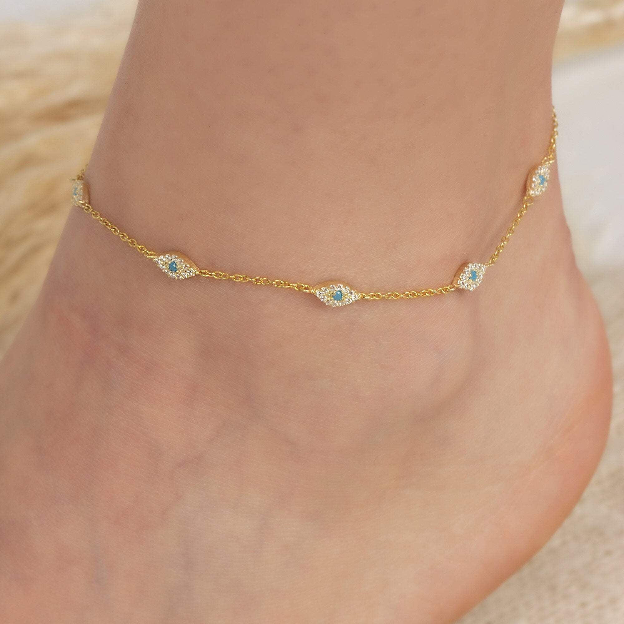 Gold Plated Cable Chain Evil Eye Silver Anklet