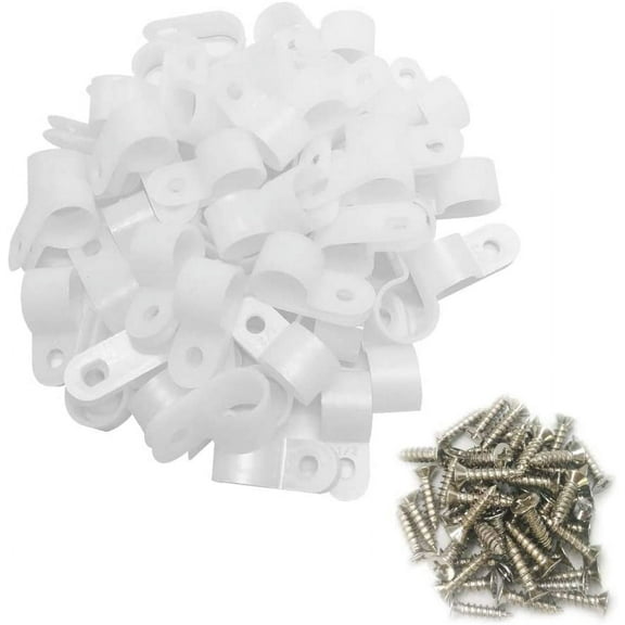 Cable Clamp R-Type Cable Clip Wire Clamp 1/2\u201c Nylon Screw Mounting Cord Fastener Clips with Screws for Wire Management - 50 Pcs Cable Clamps + 50 Pcs Screws, White