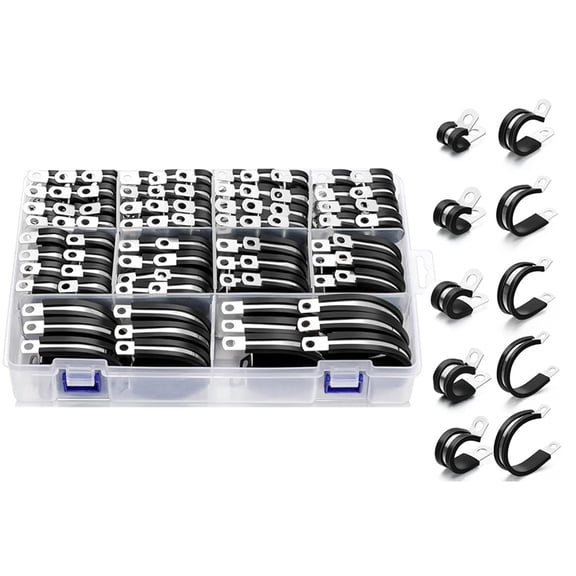 Cable Clamps-112 PCS 10 Sizes- Stainless Steel Pipe Clamp Assortment Kit Rubber Cushion Insulated Wire Clamps