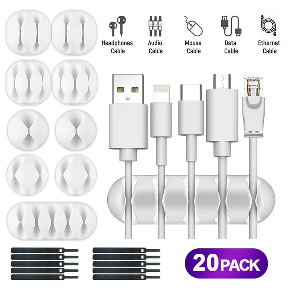 Cable Clips,20 Pack White Adhesive Cord Holders, Ideal Cable Cords Management for Organizing Cable Wires-Home, Office, Car, Desk Nightstand,Self-Gripping Cable Ties,White