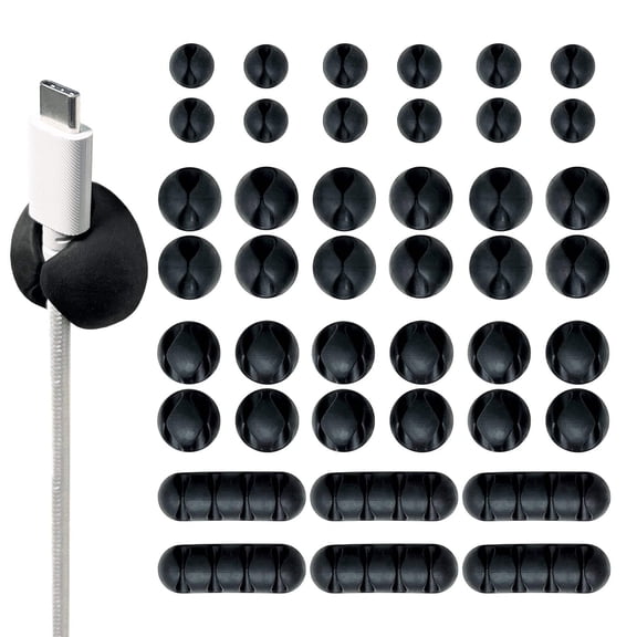 Wrap-It Storage Cable Clips - (Assorted 42-Pack) Black - Desk and Nightstand Cable Holder for Phone and Bedside Table Cord Organizer