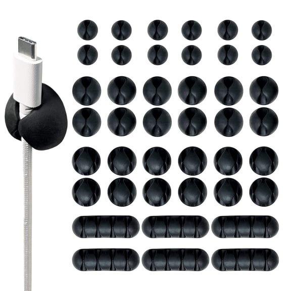 Wrap-It Storage Cable Clips - (Assorted 42-Pack) Black - Desk and Nightstand Cable Holder for Phone and Bedside Table Cord Organizer
