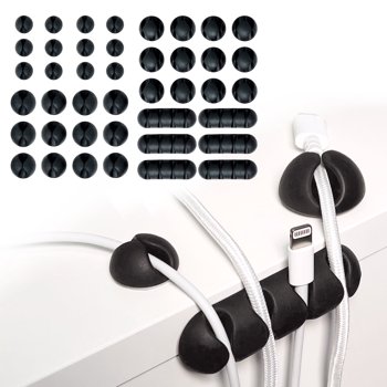 Wrap-It Storage Adhesive Cable Clips (42 Pack) - Cord Organizer for Desk Cable Management, Charger Cord Holder for Nightstand - Black