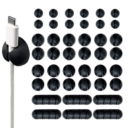 Wrap-It Storage Cable Clips - (Assorted 42-Pack) Black - Desk and Nightstand Cable Holder for Phone and Bedside Table Cord Organizer