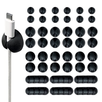 Wrap-It Storage Adhesive Cable Clips - Cord Organizer for Desk Cable Management, Cord Holder for Nightstand - Black (Assorted Size 42-Pack)