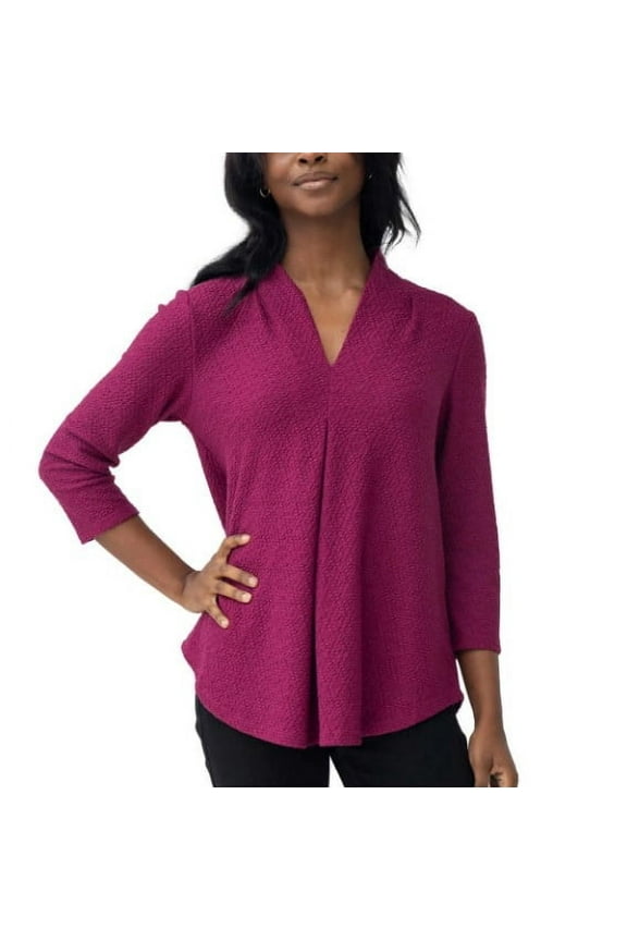 Ladies' Textured V-Neck 3/4 Sleeve Top, Boysenberry L