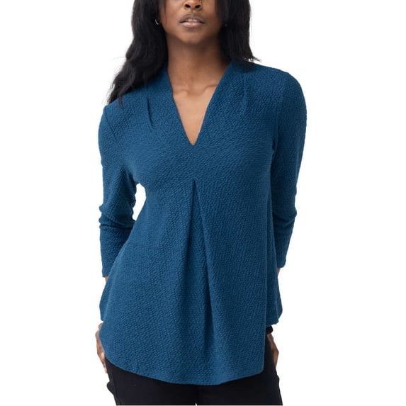 Cable & Gauge Textured Ladies' V-Neck Top, Poseidon Blue XL