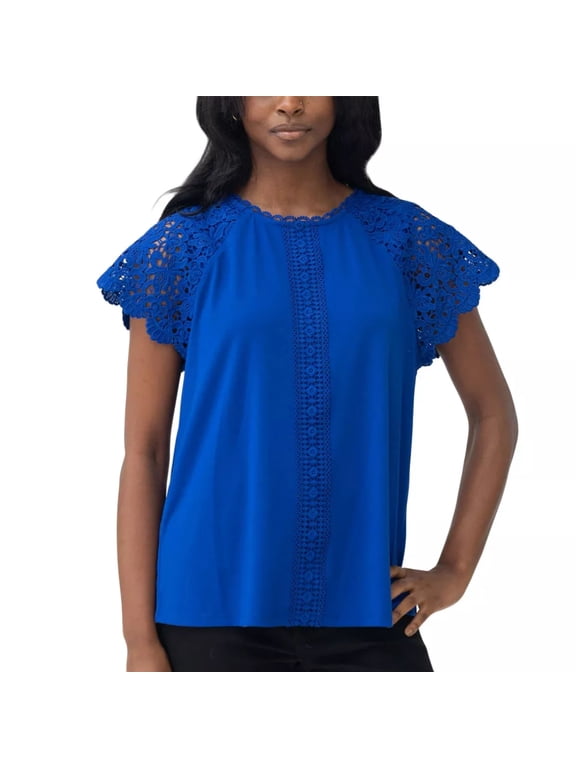 Women's Lace Trim Flutter Sleeves Top Blouse (Blue, M)