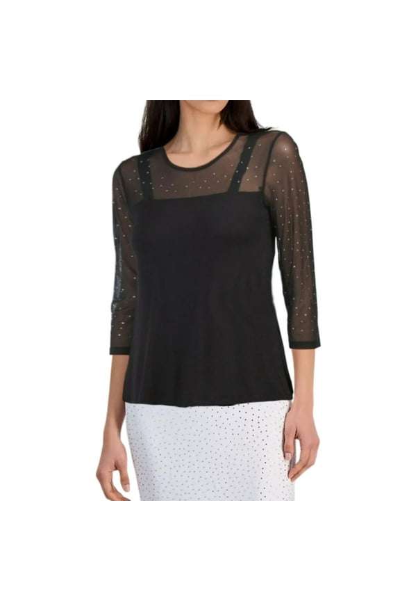 Women's Mesh Yoke Rhinestone Hi-low Hem Blouse Top (Black, L)