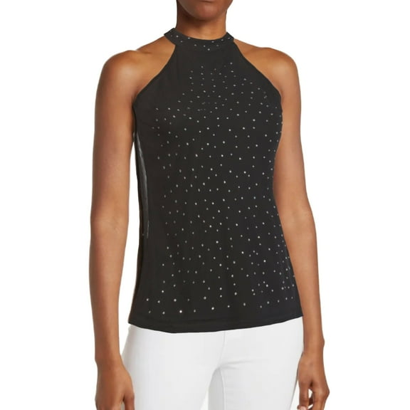 Cable & Gauge Women's Rhinestone Sheer Overlay Halter Top (Black, M)
