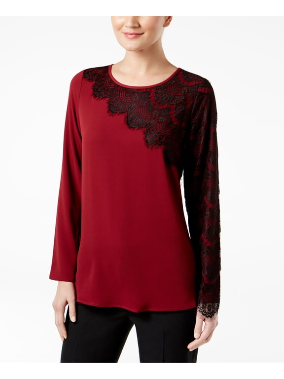 Cable Gauged Asymmetrical Lace Trim Top Pomegranate S