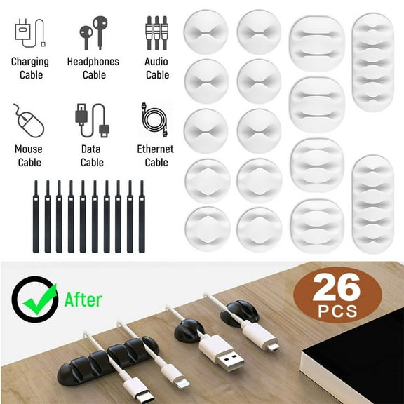 Cable Holder Clips, 26 Pcs Cable Management Cord Organizer Clips Silicone Self Adhesive Kit for Desktop USB Charging Cable Power Cord Mouse Cable Wire Office Home,Fastening Cable Ties Reusable,White