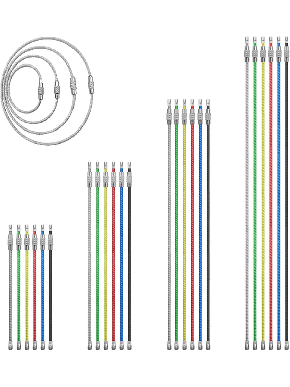 Cable Key Ring Set, 24 Coated Stainless Steel Wire Loops, 4 Sizes, 6 Colors, Screw Lock