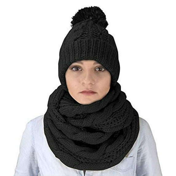 Cable Knit 2 Pair Faux Fur Beanie Hat and Infinity Loop Scarf Set