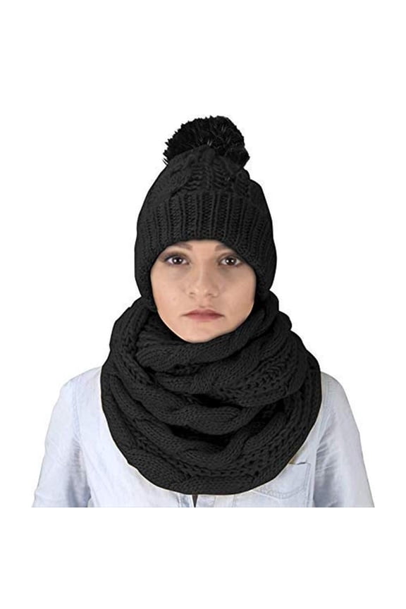 Cable Knit 2 Pair Faux Fur Beanie Hat and Infinity Loop Scarf Set