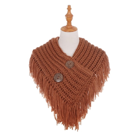 Cable Knit Button Collar Scarf With Fringe, Brick