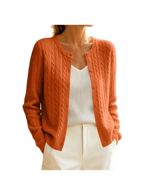 Cable Knit Cardigan Sweater for Women Long Sleeve Crew Neck Button Front Casual Cropped Layering Outerwear Jacket, Orange XL