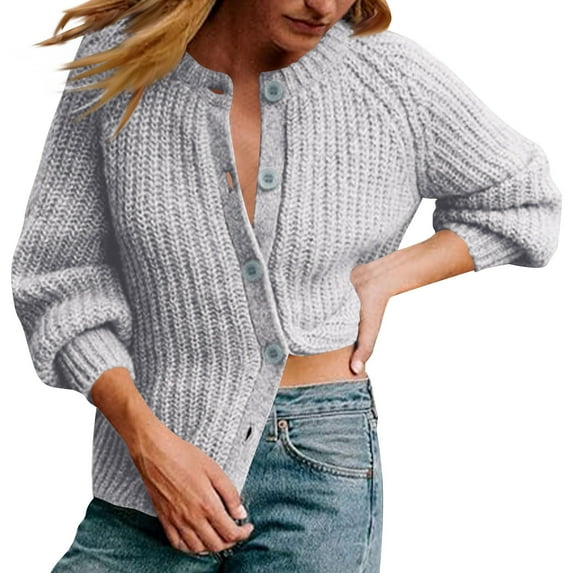 Cable Knit Cardigan Women Oversized Button Down Crew Neck Sweaters Solid Color Long Sleeve Open Front Knitted Top (Gray XL)