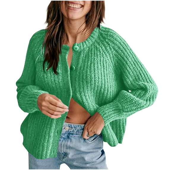 Cable Knit Cardigan Women Oversized Button Down Crew Neck Sweaters Solid Color Long Sleeve Open Front Knitted Top (Green S)