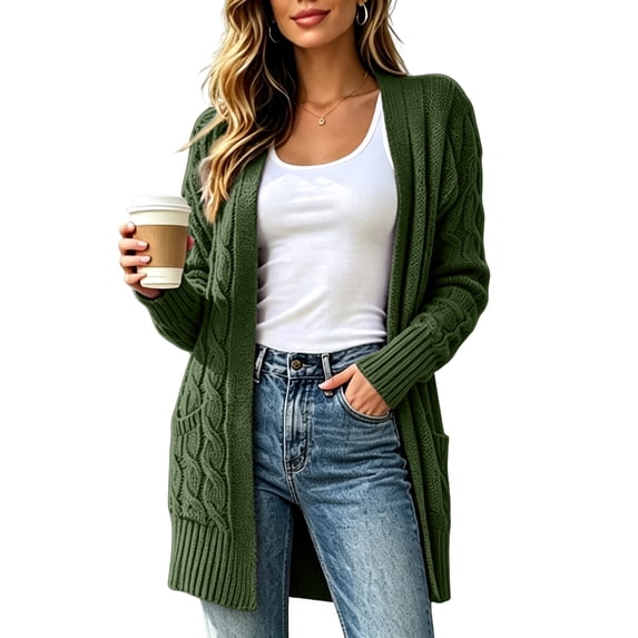 Cable Knit Cardigan Women Plus Size Open Front Chunky Long Sweater Warm Winter Sweater Jacket with Pockets for Office, Holiday Army Green M