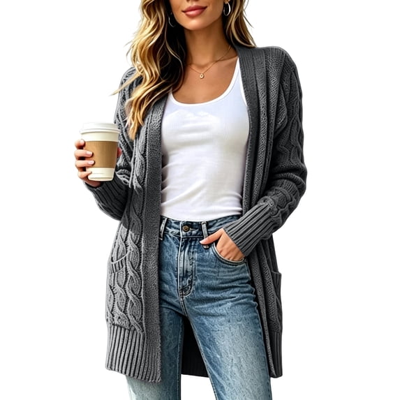 Cable Knit Cardigan Women Plus Size Open Front Chunky Long Sweater Warm Winter Sweater Jacket with Pockets for Office, Holiday Dark Gray M