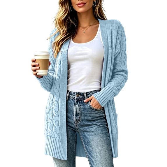 Cable Knit Cardigan Women Plus Size Open Front Chunky Long Sweater Warm Winter Sweater Jacket with Pockets for Office, Holiday Light Blue M