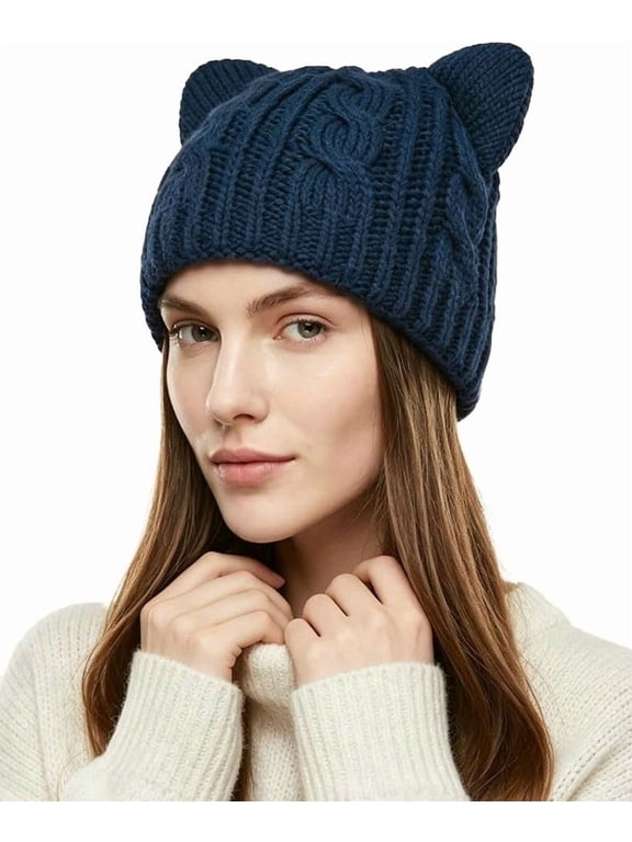Cable Knit Cat Ear Beanie Soft Polyester Windproof Warm Winter Skull Cap for Women Outdoor Daily Wear