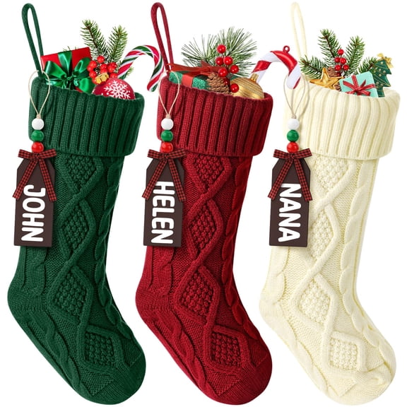 Cable Knit Christmas Stockings, Large Hanging Knitted Xmas Stocking with Wooden Name Tag for Fireplace Holiday Decor