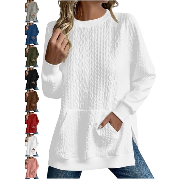 Cable Knit Crewneck Sweater for Women Oversized Pullover Long Sleeve with Pockets Side Slit Casual Everyday Fall Top