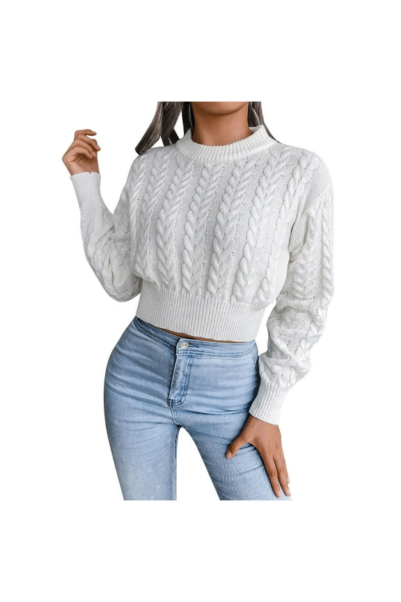 Cable Knit Crop Sweaters for Women Trendy High Neck Solid Pullover Sweater Top Slim Fit Long Sleeve Sweaters