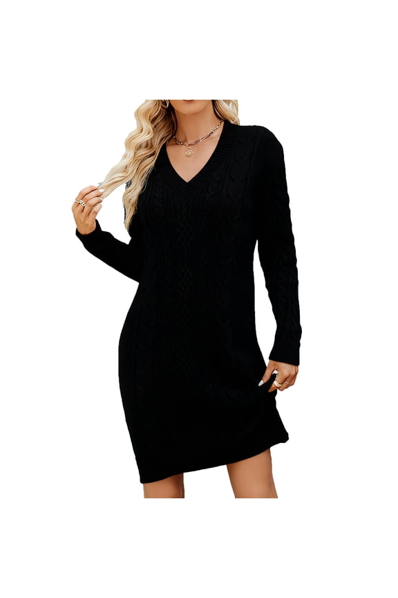 Cable Knit Dress, Long Sleeve Turtleneck Bodycon Dress, Chunky Winter Dress for Ski Trips, Mountain Getaways, and Cold Climate Fashion Black 2XL