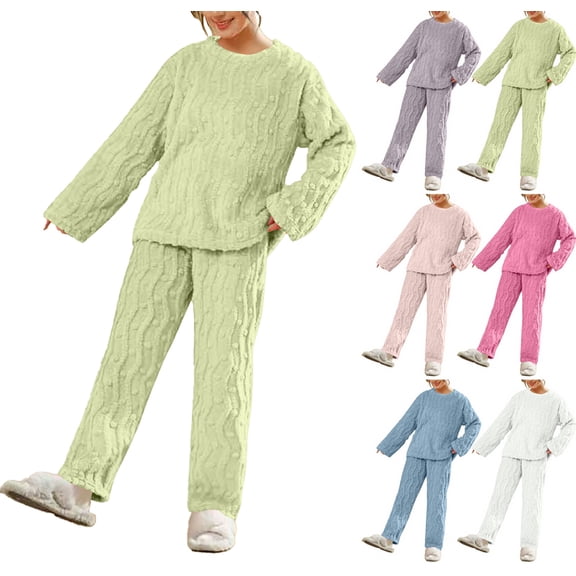 Cable Knit Fleece Pajama Sets for Women 2 Piece Cozy Matching Pajama Set Long Sleeve Thick Thermal Winter Loungewear Green One Size