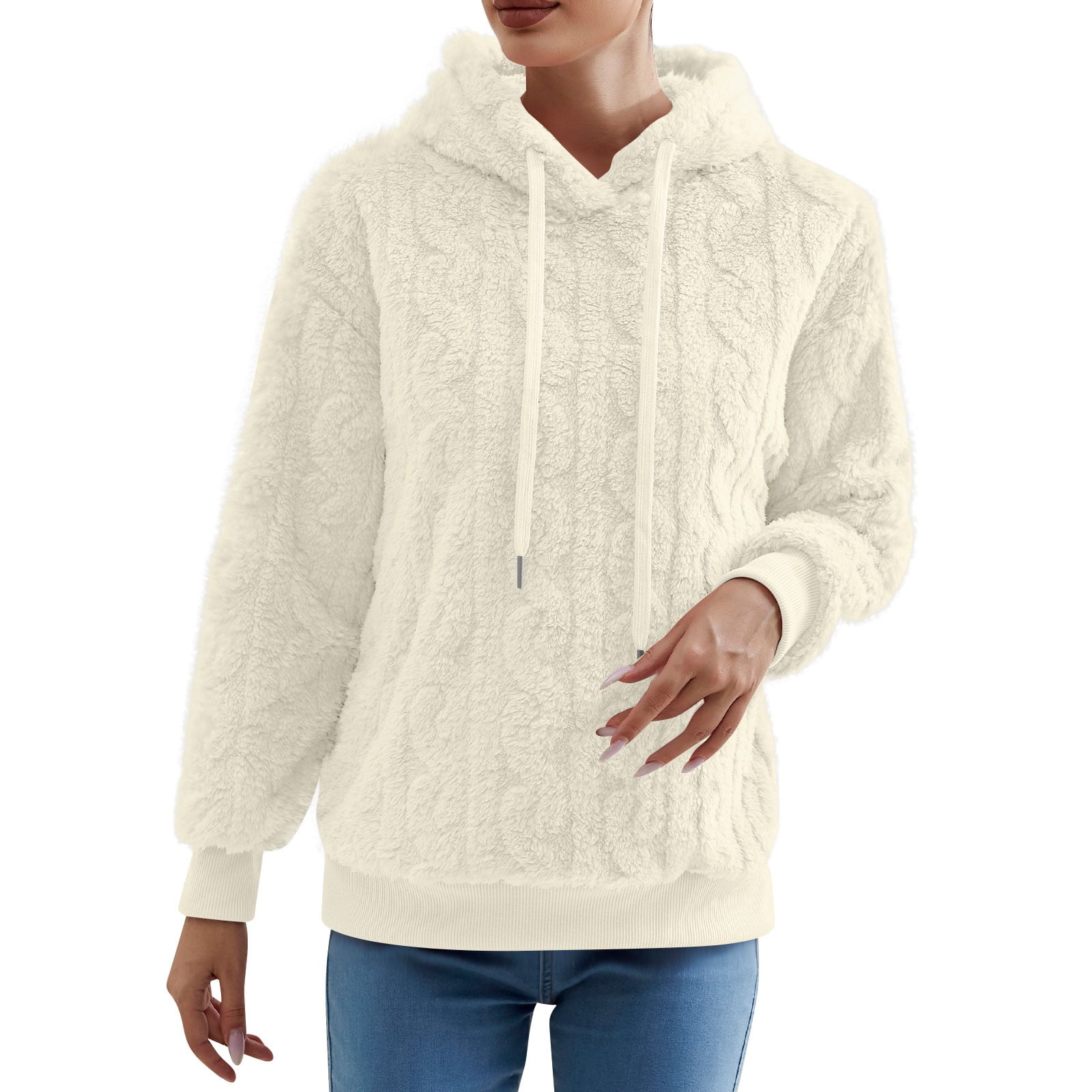 Cable Knit Fuzzy Hood Sweater Quarter Zip Pullover Sweatshirt Plush Casual  Hoodie Warm Long Sleeve Tops Pockets (Small, Beige 01) 