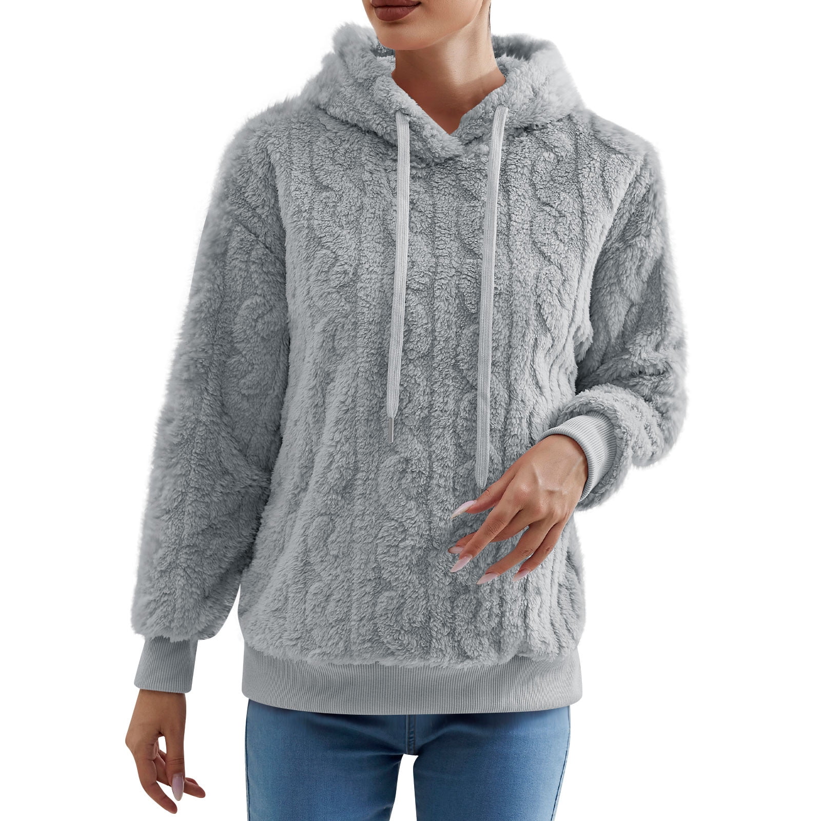 Cable Knit Fuzzy Hood Sweater Quarter Zip Pullover Sweatshirt