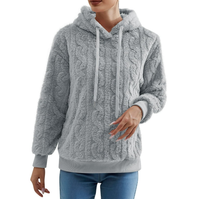 Cable Knit Fuzzy Hood Sweater Quarter Zip Pullover Sweatshirt Plush Casual  Hoodie Warm Long Sleeve Tops Pockets (X-Large, Gray) 