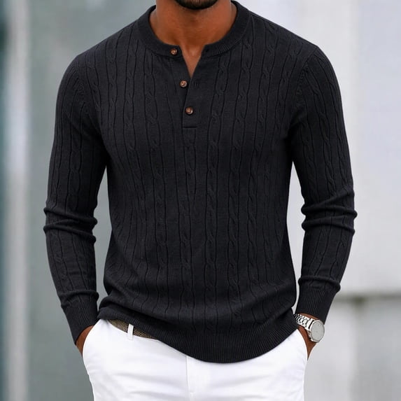 Cable Knit Henley Sweater Long Sleeve Crew Neck Button Top for Men ...