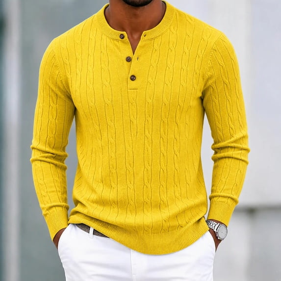 Cable Knit Henley Sweater Long Sleeve Crew Neck Button Top for Men ...
